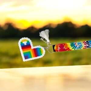Rainbow Heart Keychain with Tie-Dye Strap